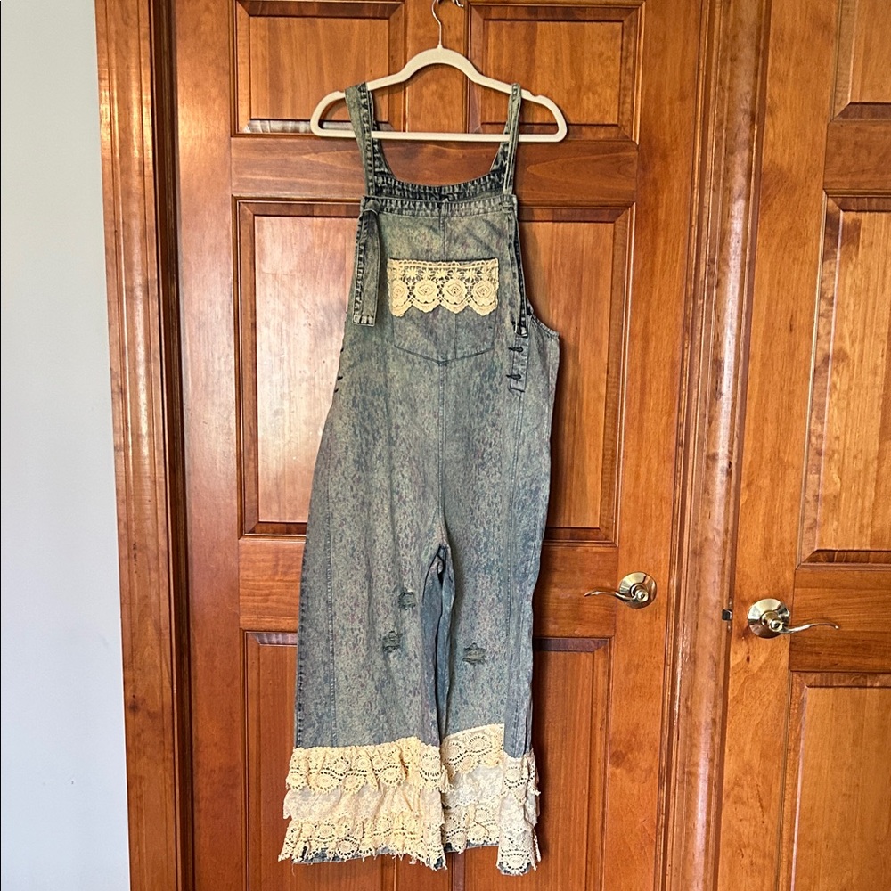 Vintage Lace-Trimmed Denim Jumpsuit